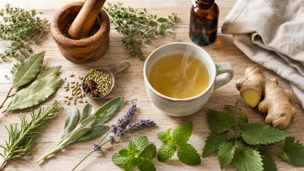 Getrocknete und frische Heilkräuter wie Lorbeer, Salbei, Thymian, Rosmarin, Lavendel und Minze mit einer dampfenden Tasse Kräutertee, Mörser und Ingwer auf einem Holztisch