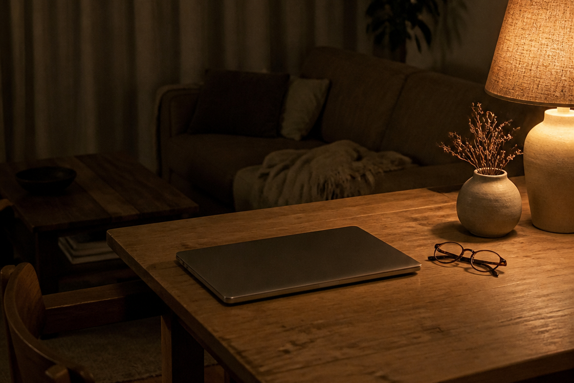Wohnzimmer am Abend mit warmer Tischlampe und Lesebrille
