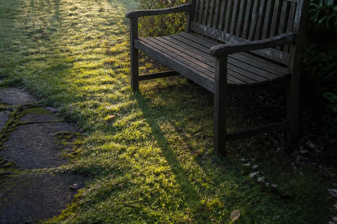 Gartenbank im Morgenlicht – Tageslicht tut den Augen gut