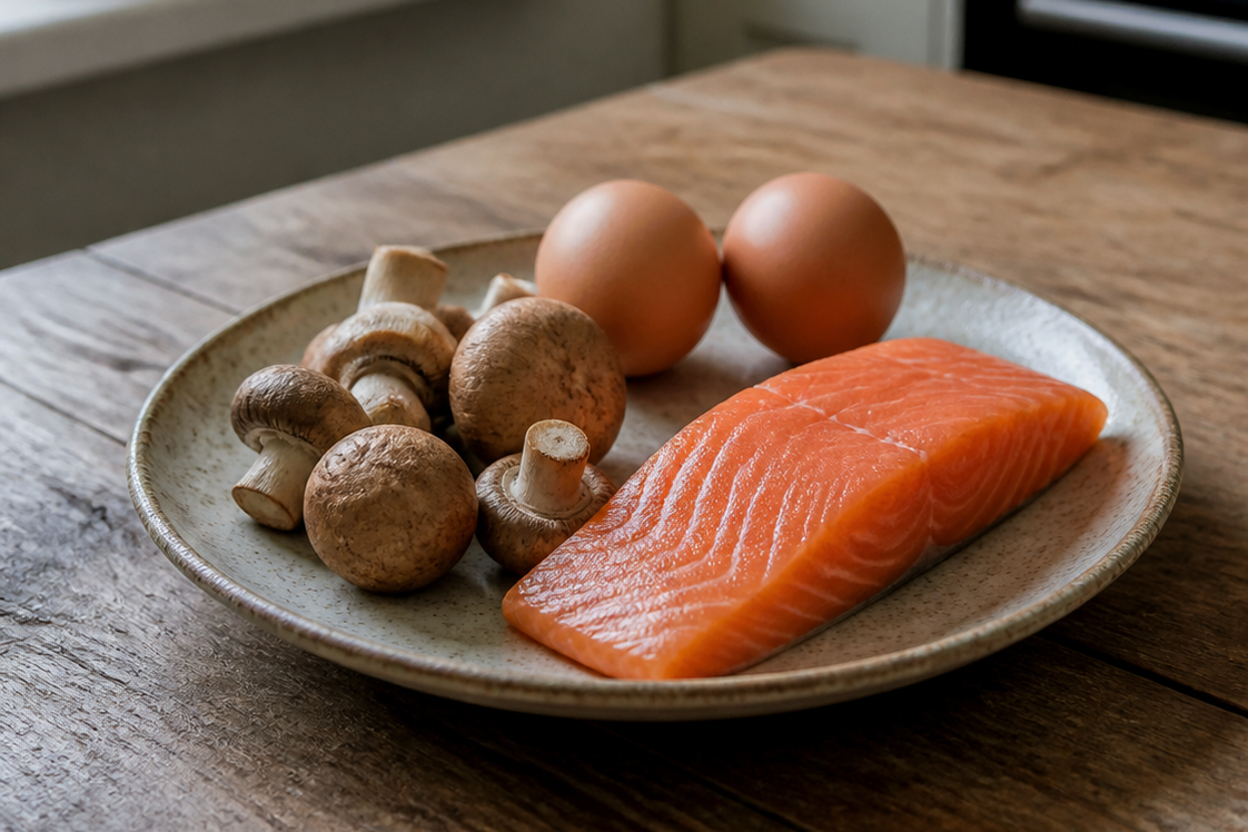 Lachs, Eier und Pilze auf einem Holztisch – Vitamin D aus der Nahrung