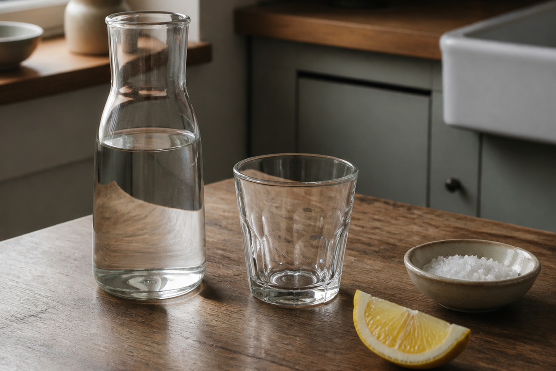 Wasserkaraffe, Glas und grobes Meersalz auf der Küchenzeile