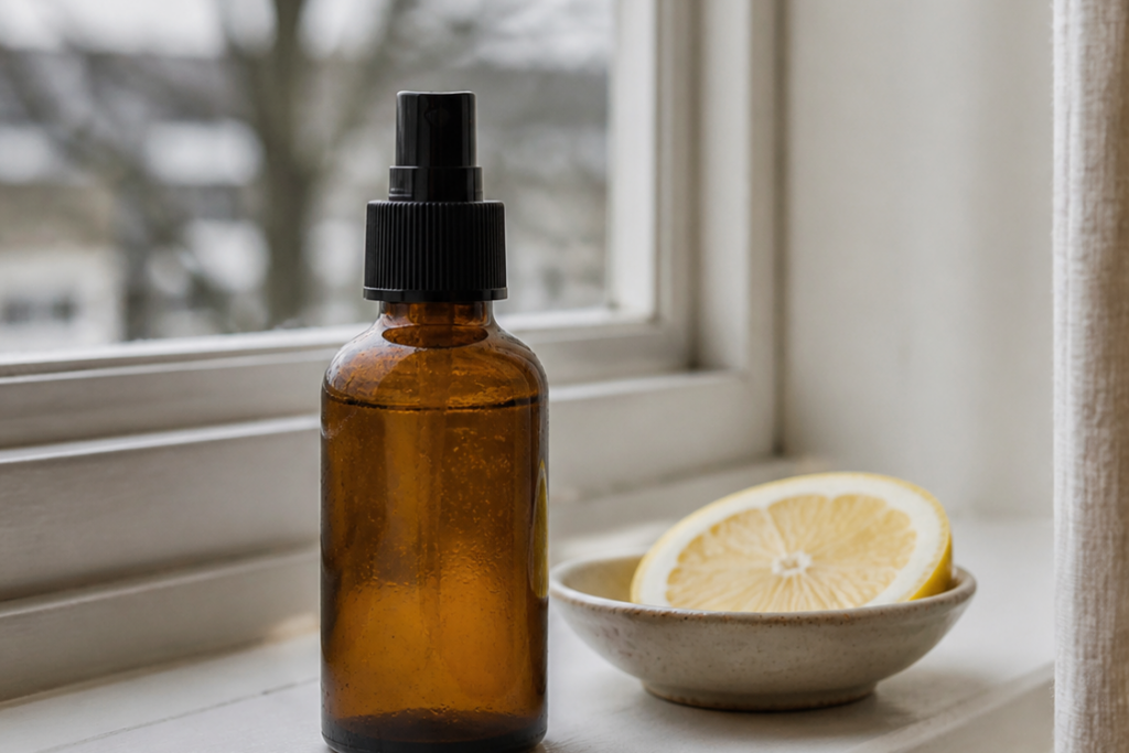 Vitamin D3 K2 Spray: Sprühflasche im Winterlicht am Fenster
