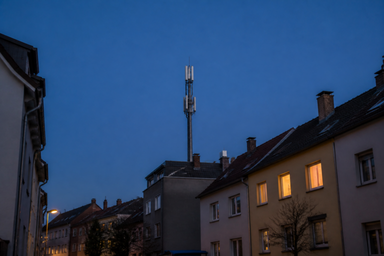 Funkmast über Wohnhäusern in der Dämmerung