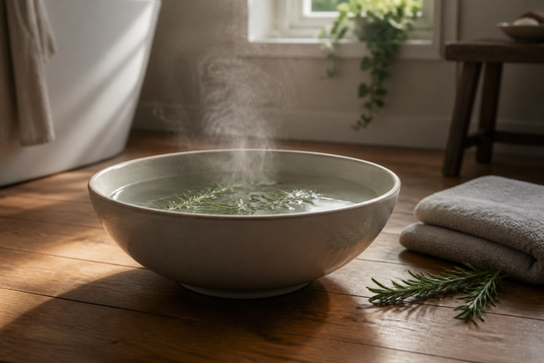 Schüssel mit heißem Wasser und frischen Rosmarinzweigen