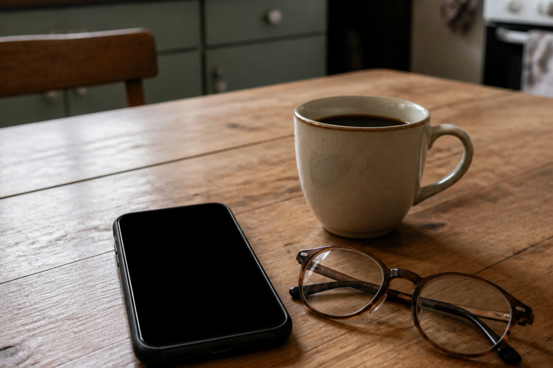 Smartphone, Kaffeetasse und Lesebrille auf einem Küchentisch