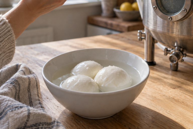 Drei Mozzarella-Kugeln in einer Schale, daneben ein kleiner Edelstahl-Fermentationstank