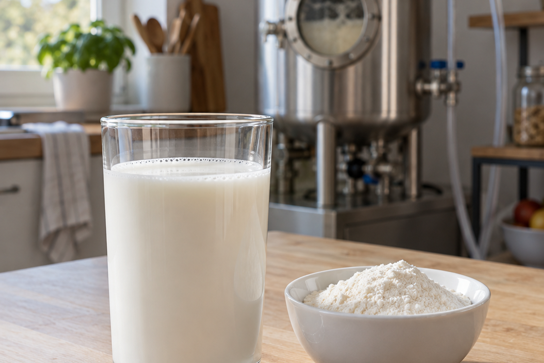 Ein Glas Milch und eine Schale Proteinpulver, dahinter ein kleiner Edelstahl-Fermentationstank