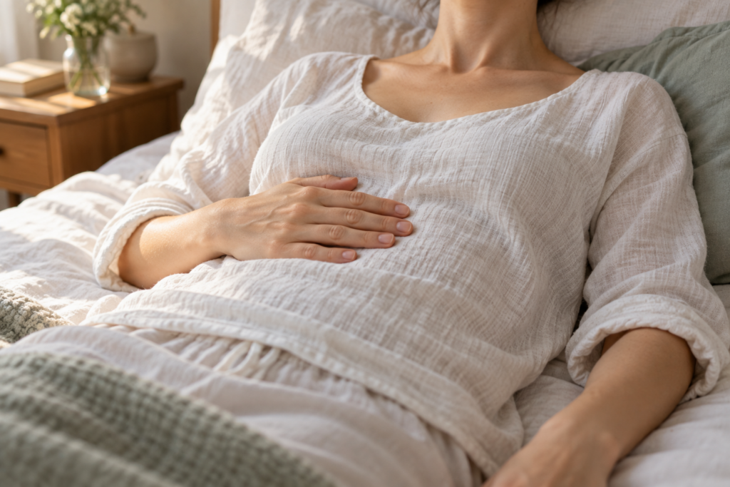 Schritt 1: Hand auf dem Bauch, tief in den Bauch atmen