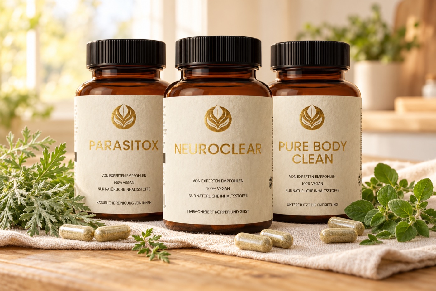 Parasitox, NeuroClear und Pure Body Clean nebeneinander auf einem Holztisch mit Kräutern